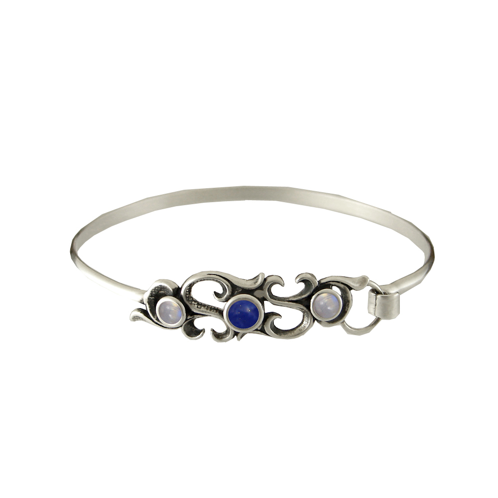 Sterling Silver Victorian Style Strap Latch Spring Hook Bangle Bracelet with Lapis Lazuli And Rainbow Moonstone